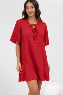 Kiki Mini Dress - V-Neck Shift Dress with Scallop Lace Hemlines in Red><noscript><img width=