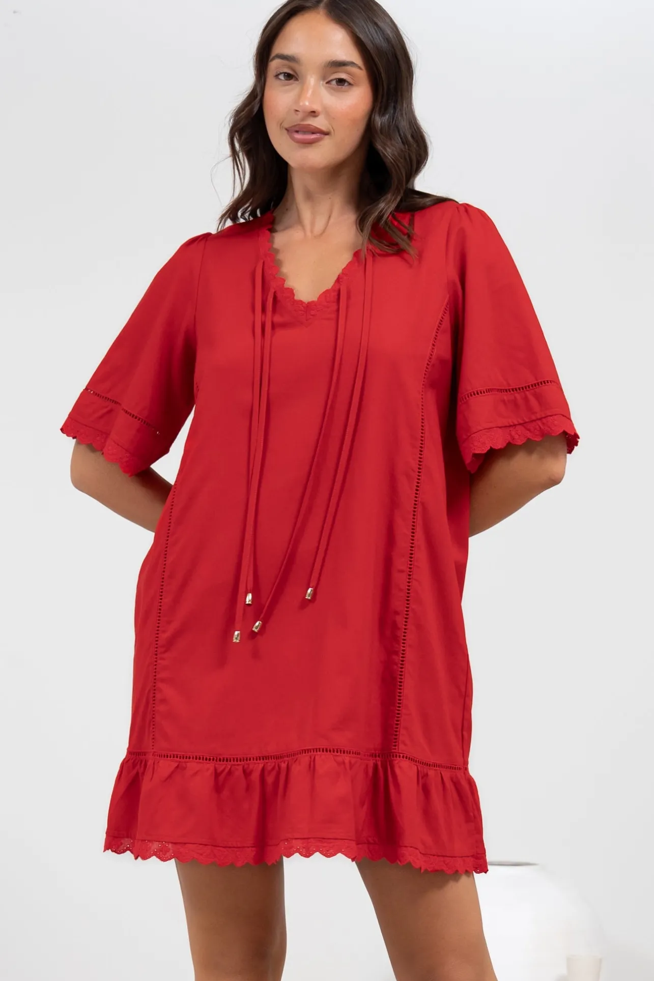 Kiki Mini Dress - V-Neck Shift Dress with Scallop Lace Hemlines in Red>Salty Crush Online