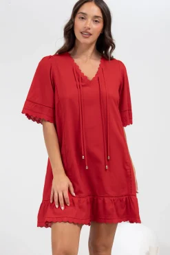 Kiki Mini Dress - V-Neck Shift Dress with Scallop Lace Hemlines in Red><noscript><img width=
