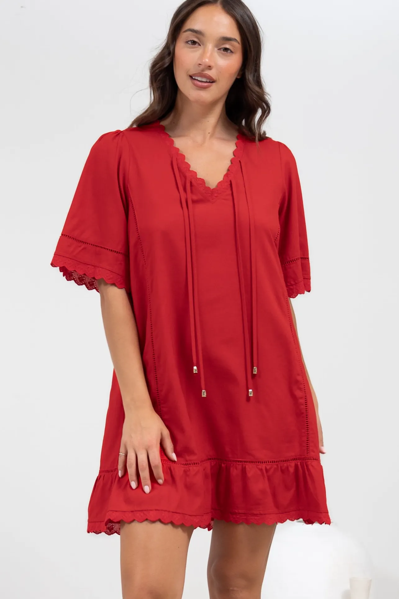Kiki Mini Dress - V-Neck Shift Dress with Scallop Lace Hemlines in Red>Salty Crush Online