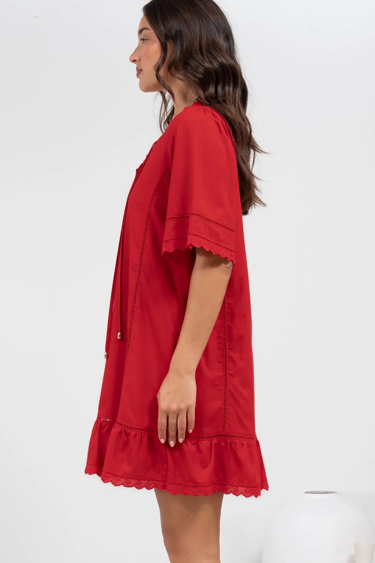 Kiki Mini Dress - V-Neck Shift Dress with Scallop Lace Hemlines in Red>Salty Crush Online