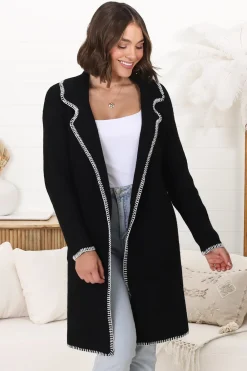 Kinny Cardigan - Collared Contrast Stitching Cardigan in Black>Salty Crush Hot
