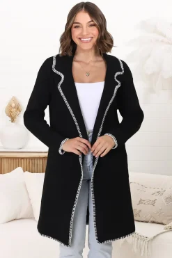 Kinny Cardigan - Collared Contrast Stitching Cardigan in Black><noscript><img width=