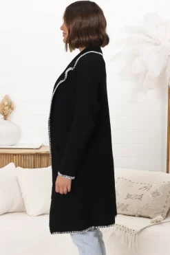 Kinny Cardigan - Collared Contrast Stitching Cardigan in Black><noscript><img width=