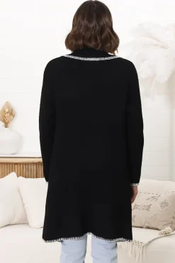 Kinny Cardigan - Collared Contrast Stitching Cardigan in Black><noscript><img width=