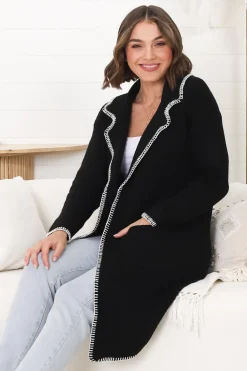 Kinny Cardigan - Collared Contrast Stitching Cardigan in Black><noscript><img width=