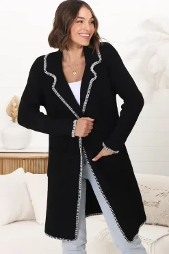 Kinny Cardigan - Collared Contrast Stitching Cardigan in Black><noscript><img width=