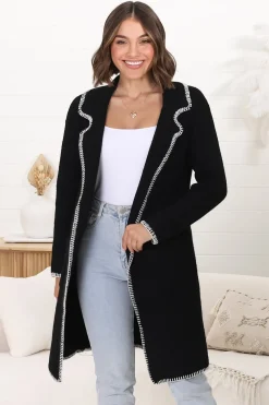 Kinny Cardigan - Collared Contrast Stitching Cardigan in Black><noscript><img width=