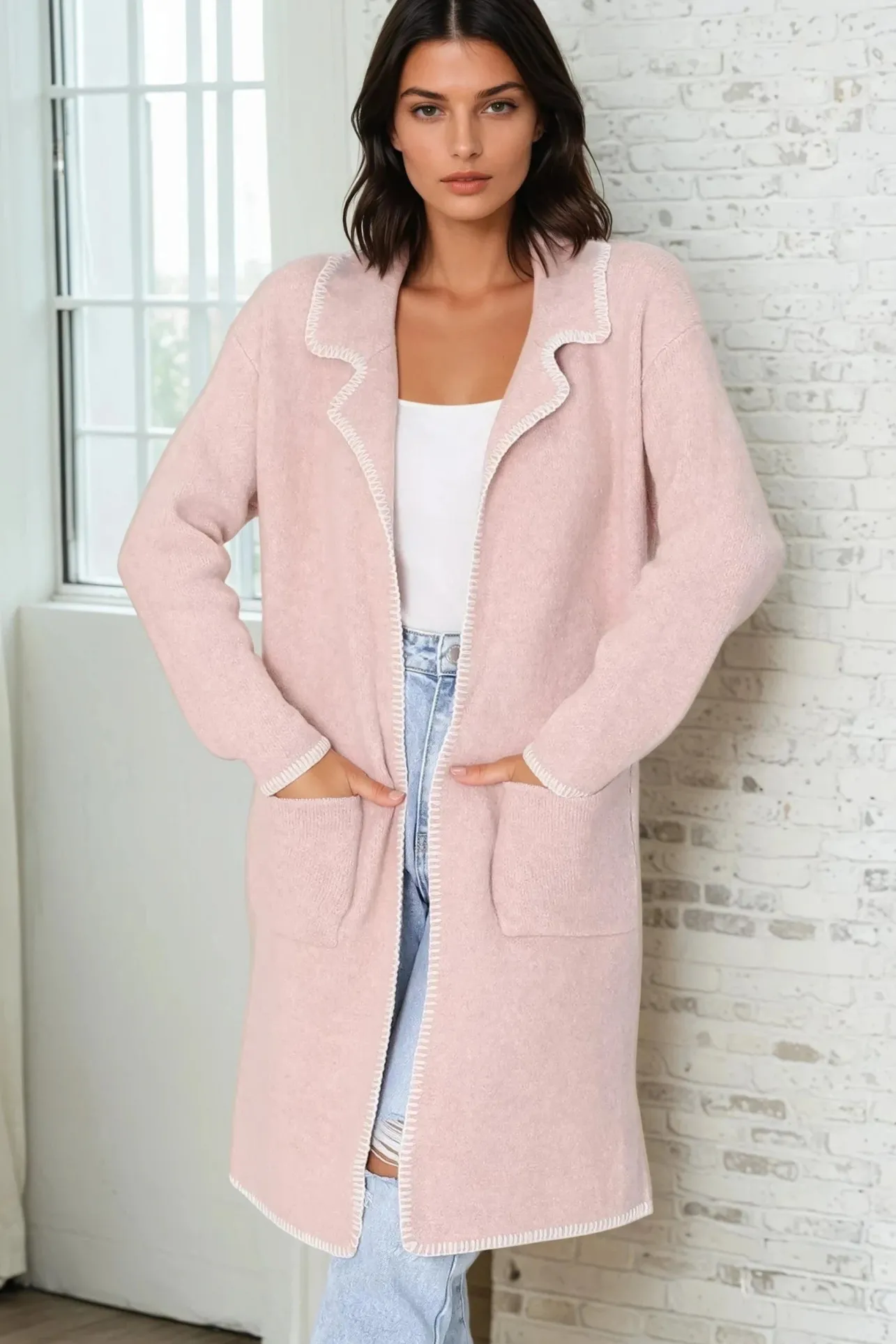 Kinny Cardigan - Collared Contrast Stitching Cardigan in Pink>Salty Crush Discount