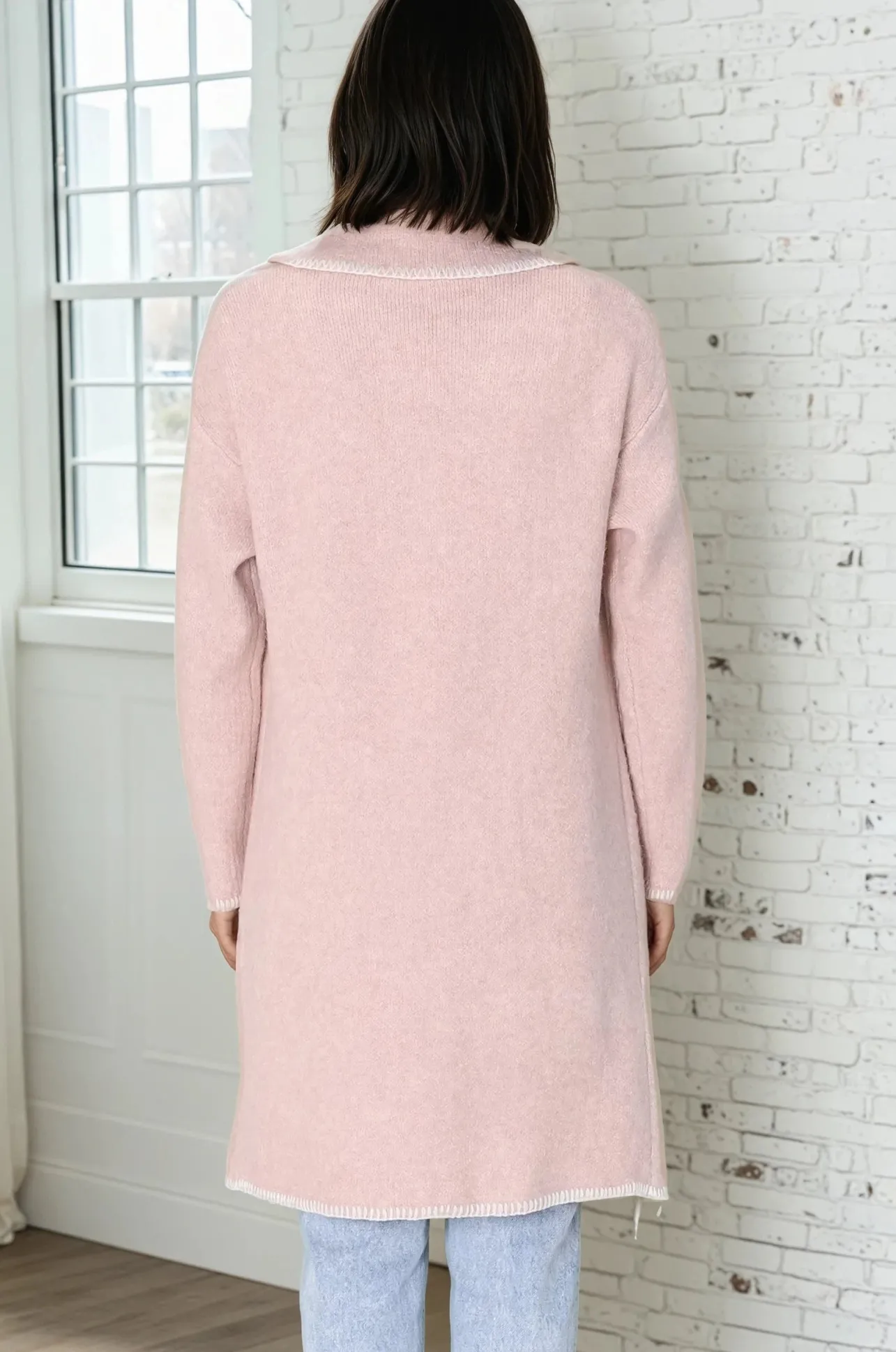 Kinny Cardigan - Collared Contrast Stitching Cardigan in Pink>Salty Crush Discount