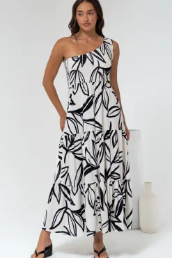 Kleo Midi Dress - One Shoulder Elasticated Bodice A-Line Dress in Halsey Print>Salty Crush Hot