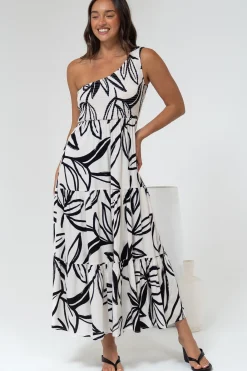 Kleo Midi Dress - One Shoulder Elasticated Bodice A-Line Dress in Halsey Print><noscript><img width=