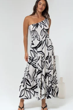 Kleo Midi Dress - One Shoulder Elasticated Bodice A-Line Dress in Halsey Print><noscript><img width=