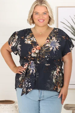 Koi Top - Cap Sleeve Pull Over Top with Matching Waist Tie in Indigo Print>Jaase Discount