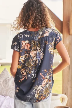 Koi Top - Cap Sleeve Pull Over Top with Matching Waist Tie in Indigo Print><noscript><img width=