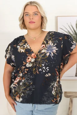 Koi Top - Cap Sleeve Pull Over Top with Matching Waist Tie in Indigo Print><noscript><img width=