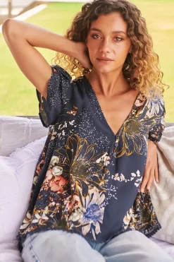 Koi Top - Cap Sleeve Pull Over Top with Matching Waist Tie in Indigo Print><noscript><img width=