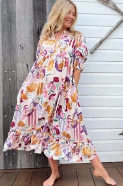 Kora Midi Dress - Short Balloon Sleeve Shift Dress in Sweet Lily Print>Jaase Online