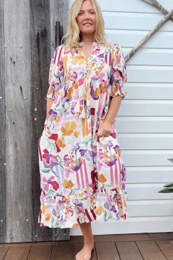 Kora Midi Dress - Short Balloon Sleeve Shift Dress in Sweet Lily Print>Jaase Online