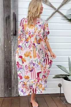 Kora Midi Dress - Short Balloon Sleeve Shift Dress in Sweet Lily Print><noscript><img width=