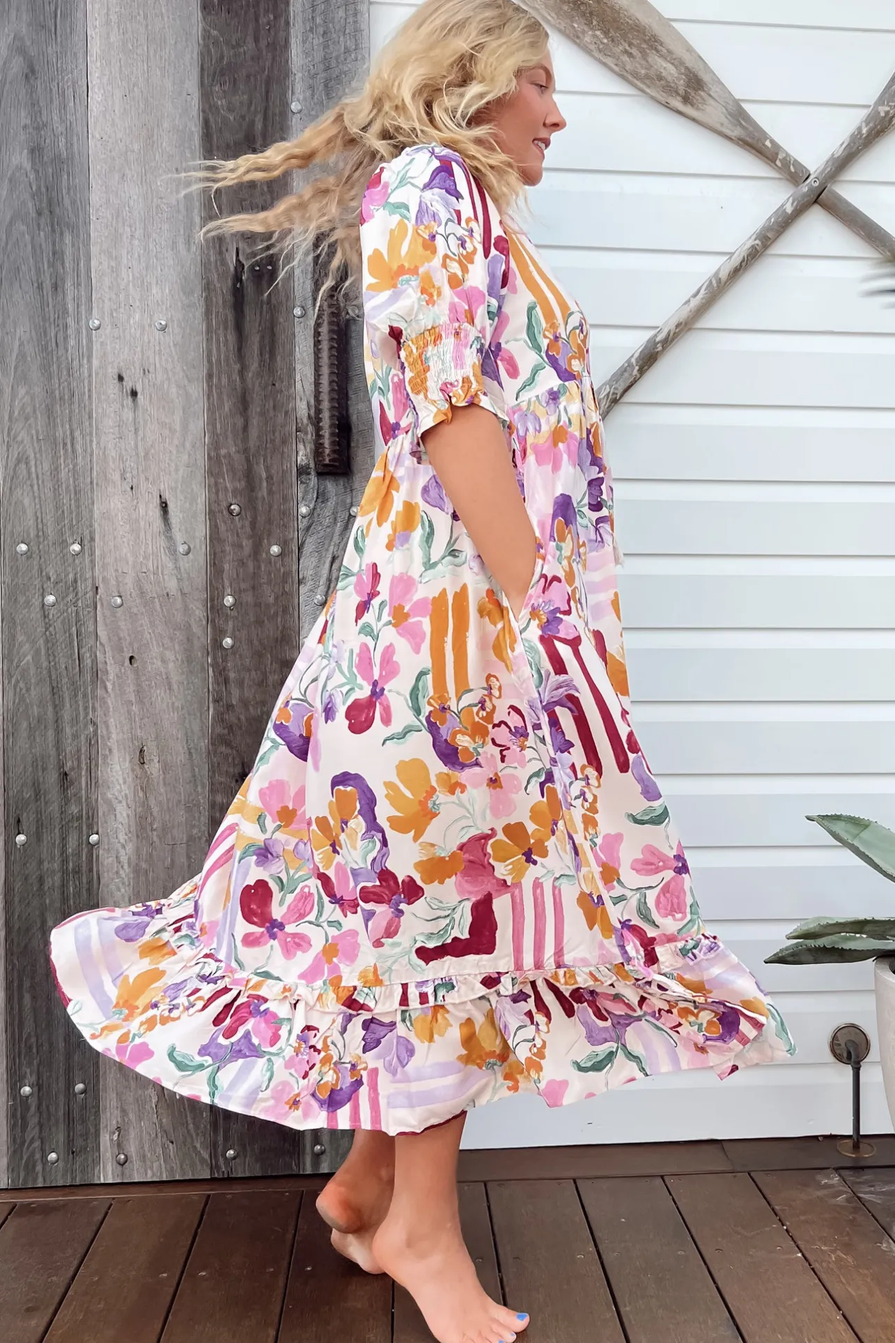 Kora Midi Dress - Short Balloon Sleeve Shift Dress in Sweet Lily Print>Jaase Online