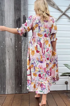 Kora Midi Dress - Short Balloon Sleeve Shift Dress in Sweet Lily Print><noscript><img width=
