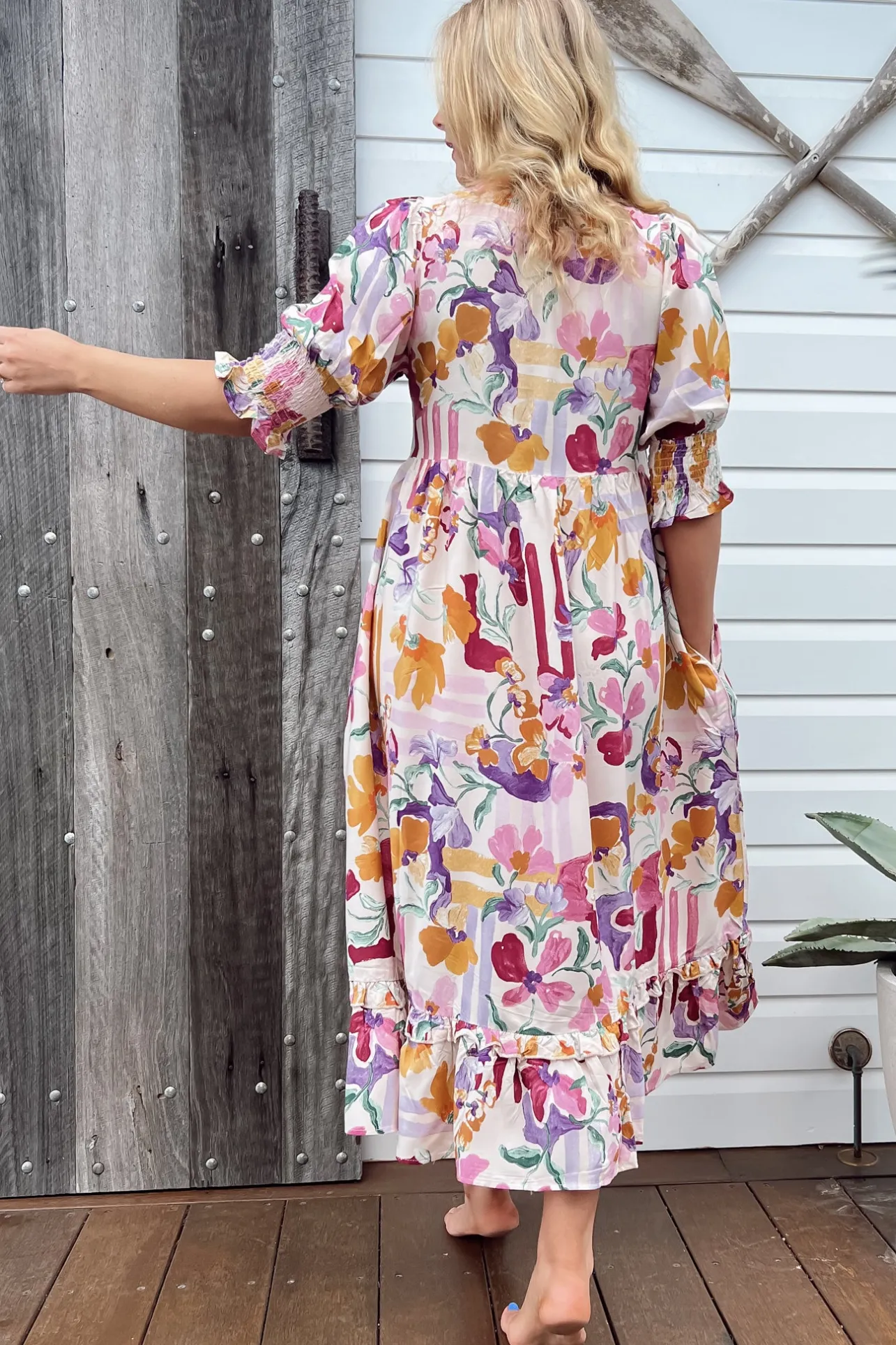 Kora Midi Dress - Short Balloon Sleeve Shift Dress in Sweet Lily Print>Jaase Online