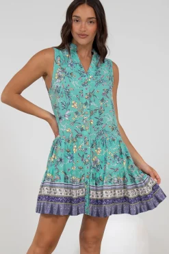 Kristy Mini Dress - Mandarin Collar Sleeveless Dress in Bristal Print>Salty Crush Clearance