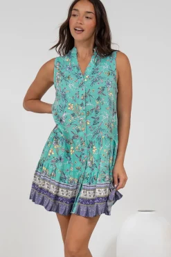 Kristy Mini Dress - Mandarin Collar Sleeveless Dress in Bristal Print><noscript><img width=