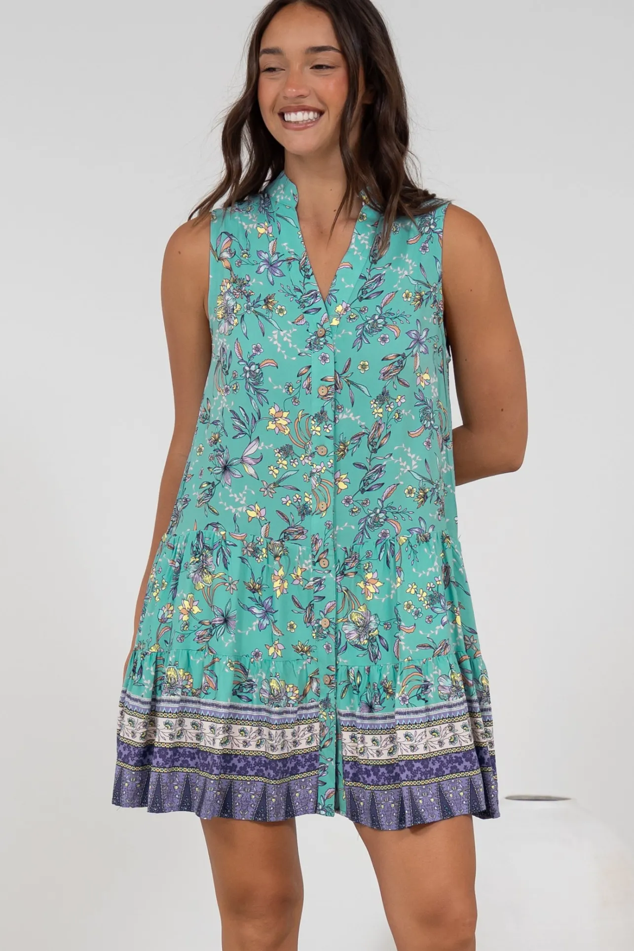 Kristy Mini Dress - Mandarin Collar Sleeveless Dress in Bristal Print>Salty Crush Clearance