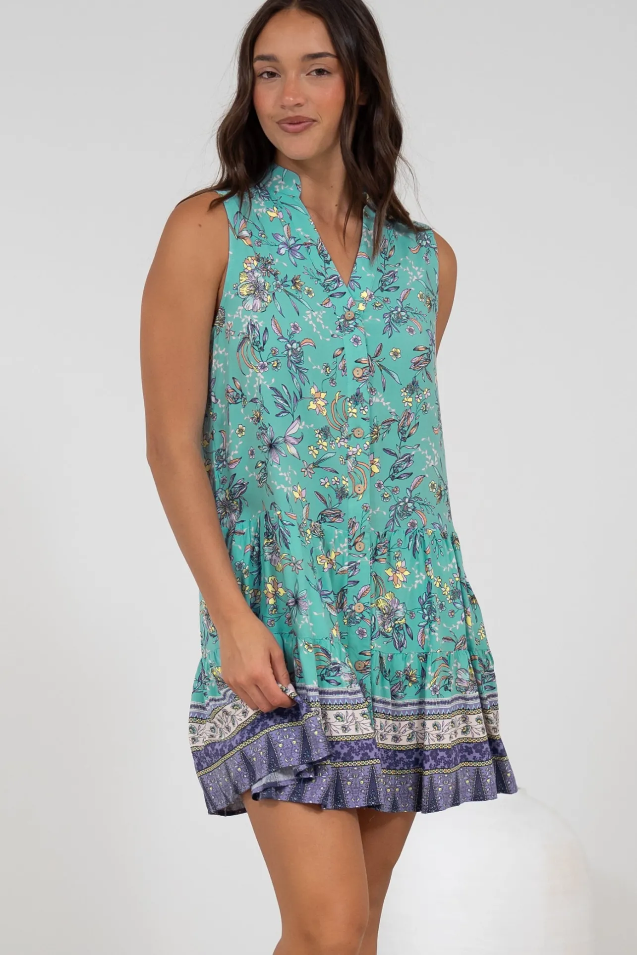 Kristy Mini Dress - Mandarin Collar Sleeveless Dress in Bristal Print>Salty Crush Clearance