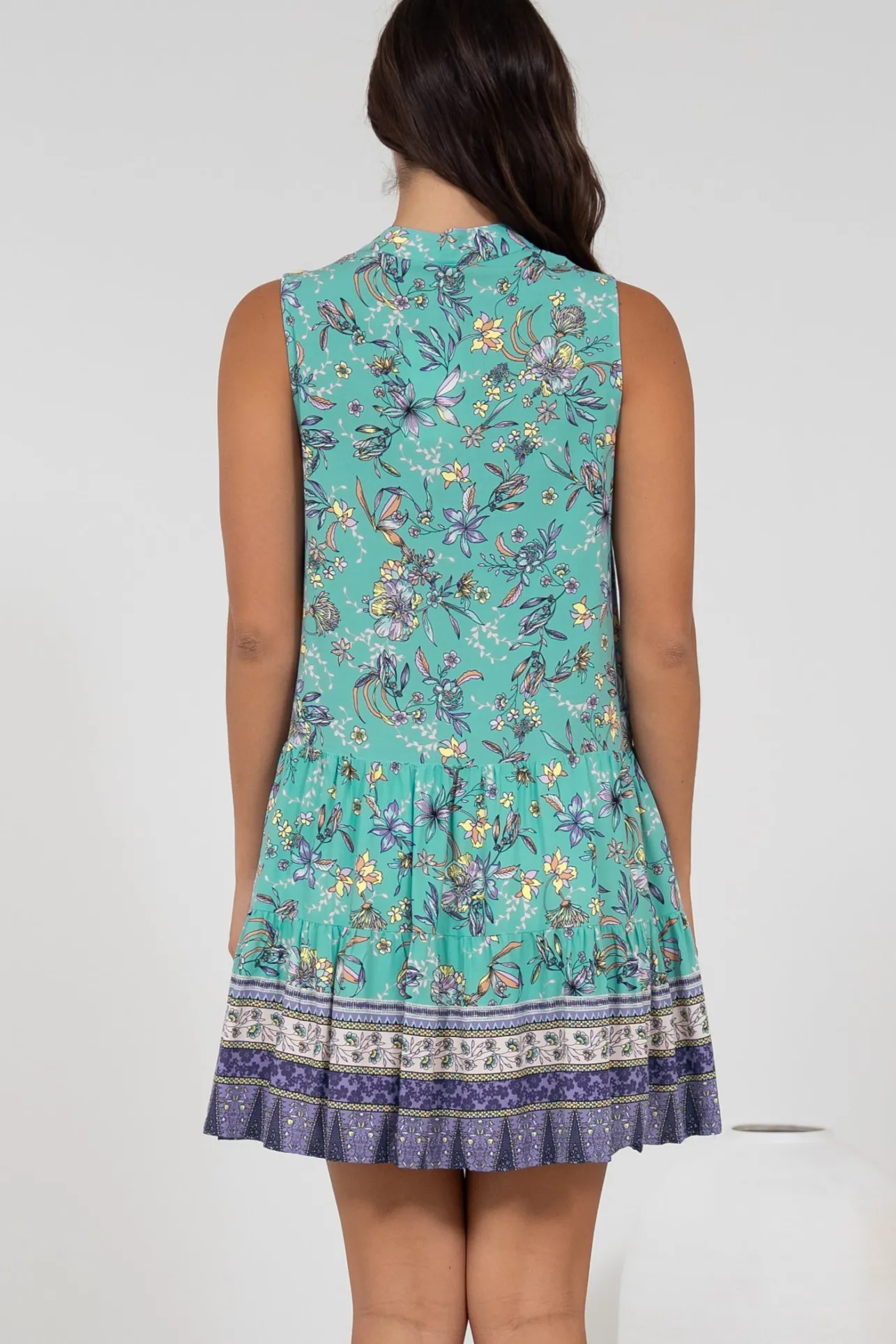 Kristy Mini Dress - Mandarin Collar Sleeveless Dress in Bristal Print>Salty Crush Clearance
