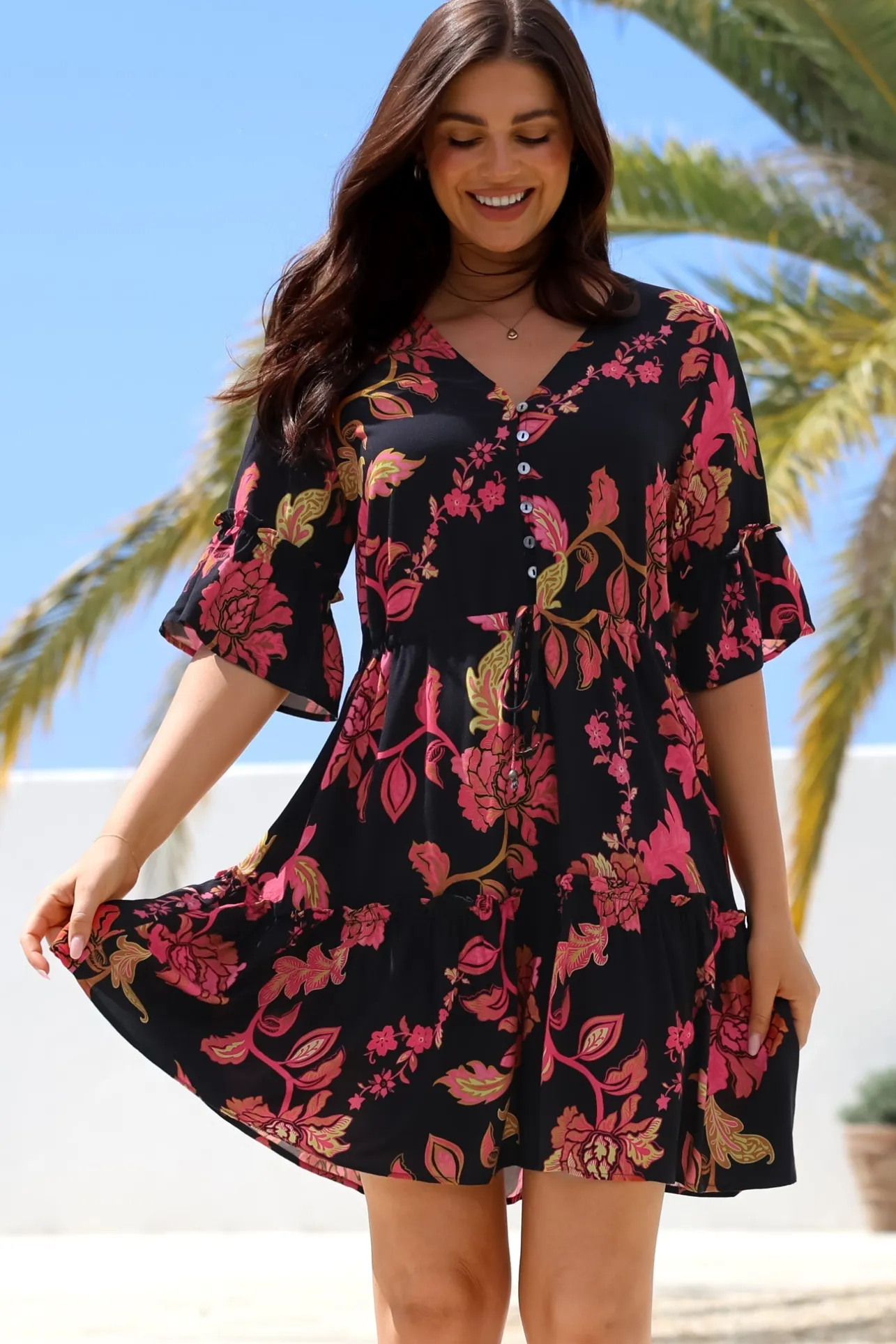 Kyra Mini Dress - Tiered V-Neck Dress with Pull Tie Waist in Valerie Print>Salty Crush Sale