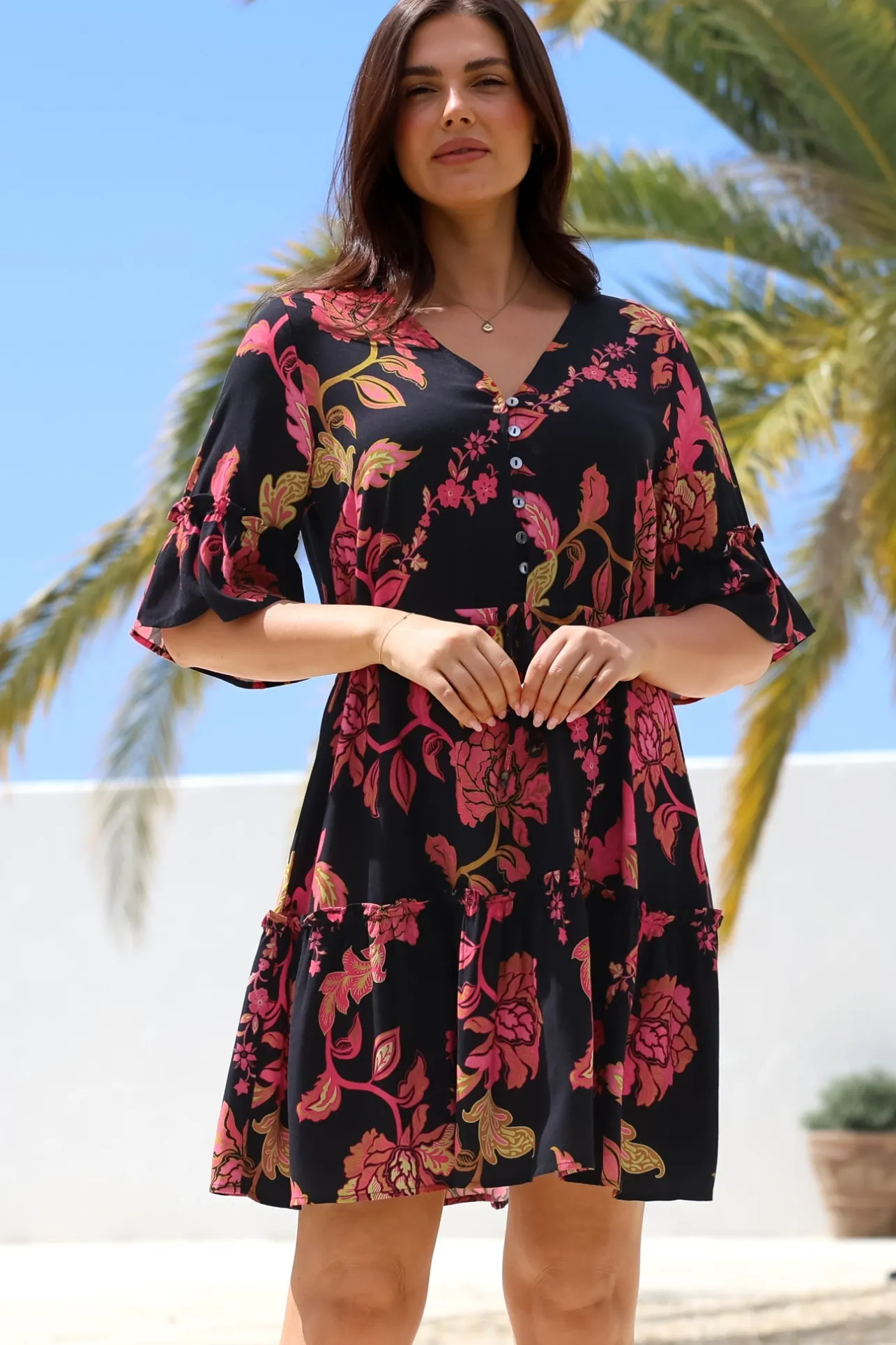Kyra Mini Dress - Tiered V-Neck Dress with Pull Tie Waist in Valerie Print>Salty Crush Sale