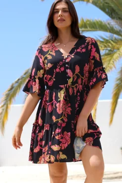 Kyra Mini Dress - Tiered V-Neck Dress with Pull Tie Waist in Valerie Print><noscript><img width=