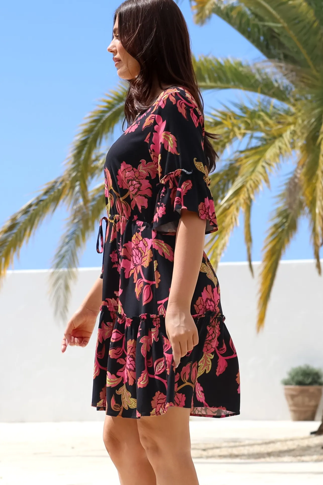 Kyra Mini Dress - Tiered V-Neck Dress with Pull Tie Waist in Valerie Print>Salty Crush Sale