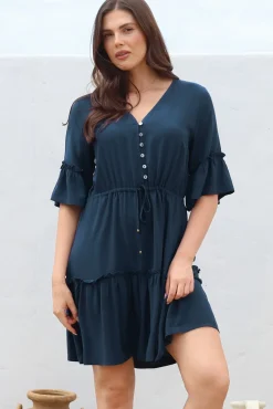 Kyra Mini Dress - Tiered V-Neck Dress with Pull Tie Waist in Blue>Salty Crush Outlet