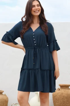 Kyra Mini Dress - Tiered V-Neck Dress with Pull Tie Waist in Blue>Salty Crush Outlet