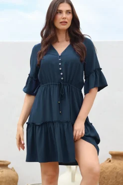 Kyra Mini Dress - Tiered V-Neck Dress with Pull Tie Waist in Blue><noscript><img width=