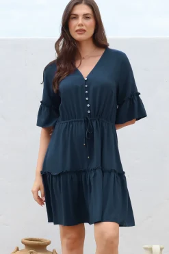 Kyra Mini Dress - Tiered V-Neck Dress with Pull Tie Waist in Blue><noscript><img width=