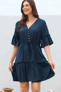 Kyra Mini Dress - Tiered V-Neck Dress with Pull Tie Waist in Blue><noscript><img width=