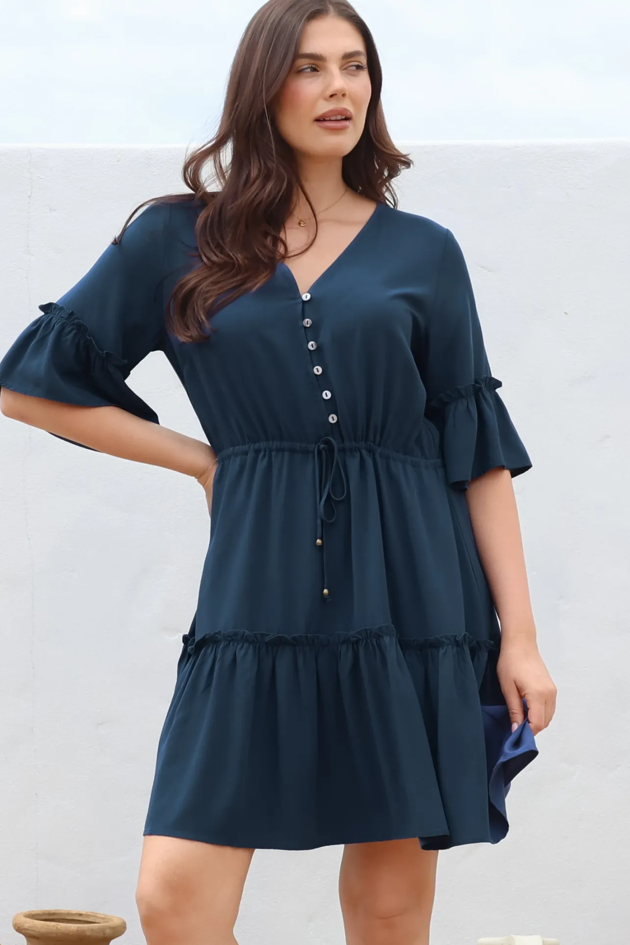 Kyra Mini Dress - Tiered V-Neck Dress with Pull Tie Waist in Blue>Salty Crush Outlet