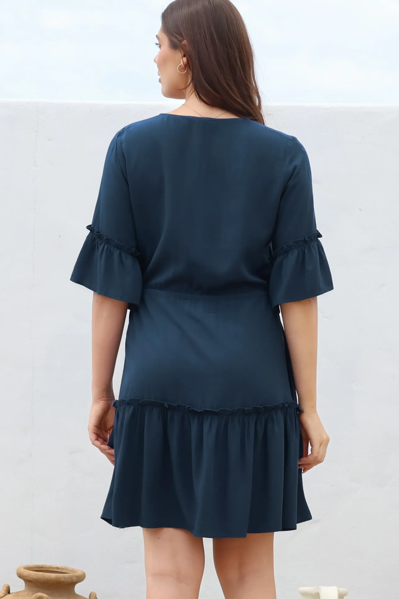 Kyra Mini Dress - Tiered V-Neck Dress with Pull Tie Waist in Blue>Salty Crush Outlet