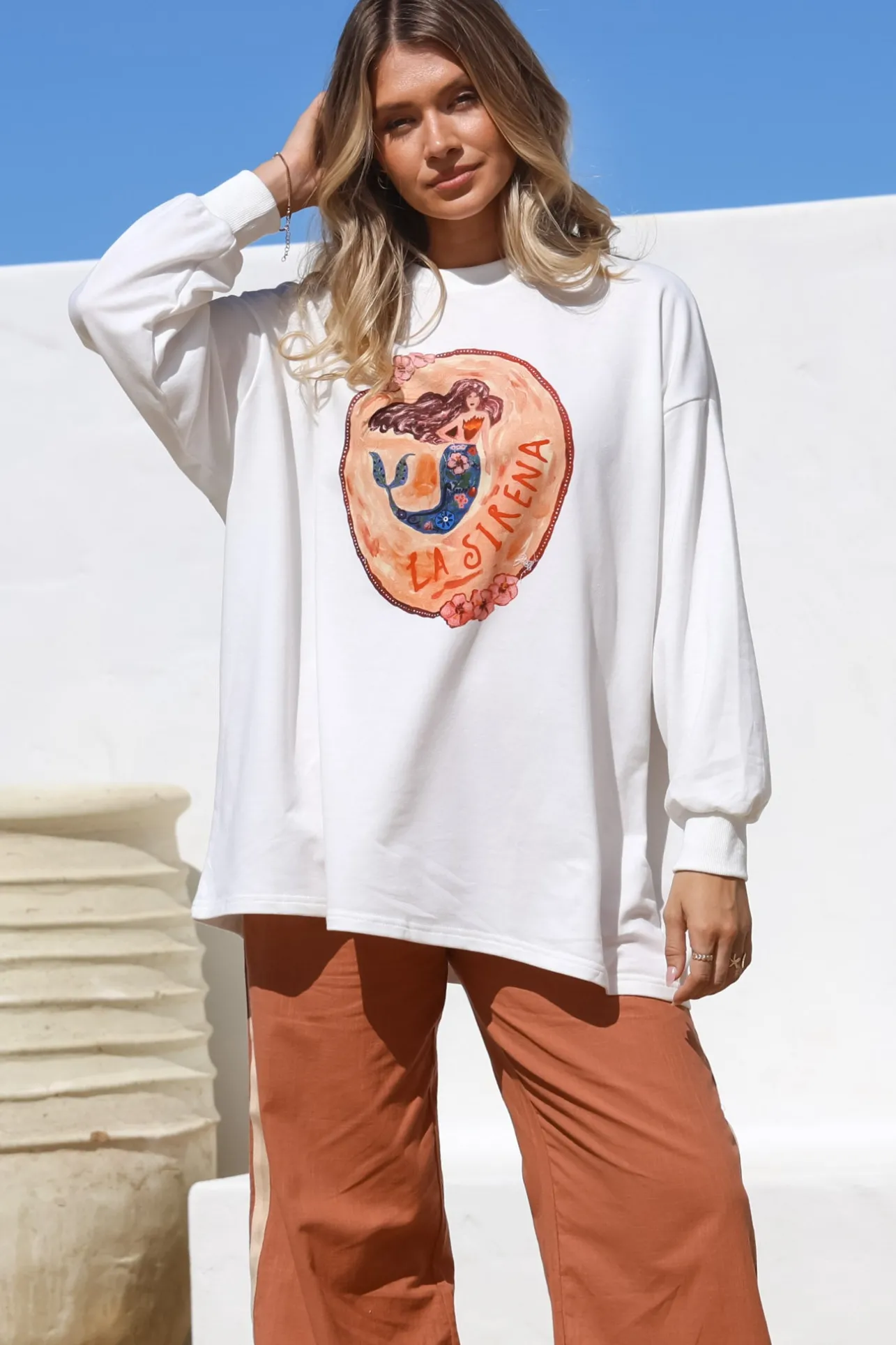 La Sirena Set - Graphic Long Sleeve Top and Pants with Stripe Accent in Orange>Salty Crush New