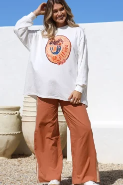 La Sirena Set - Graphic Long Sleeve Top and Pants with Stripe Accent in Orange><noscript><img width=