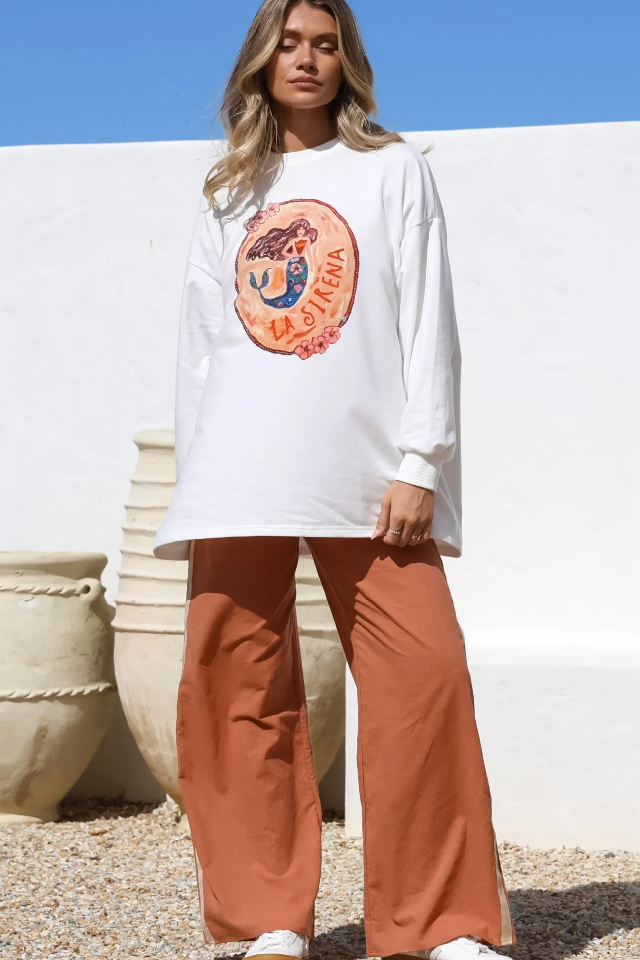 La Sirena Set - Graphic Long Sleeve Top and Pants with Stripe Accent in Orange>Salty Crush New