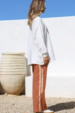 La Sirena Set - Graphic Long Sleeve Top and Pants with Stripe Accent in Orange><noscript><img width=