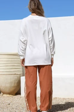 La Sirena Set - Graphic Long Sleeve Top and Pants with Stripe Accent in Orange><noscript><img width=