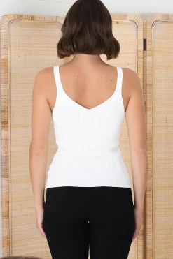 Lacen Ribbed Top - Gold Ring Detail V Neck Singlet Top in White><noscript><img width=
