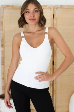 Lacen Ribbed Top - Gold Ring Detail V Neck Singlet Top in White><noscript><img width=